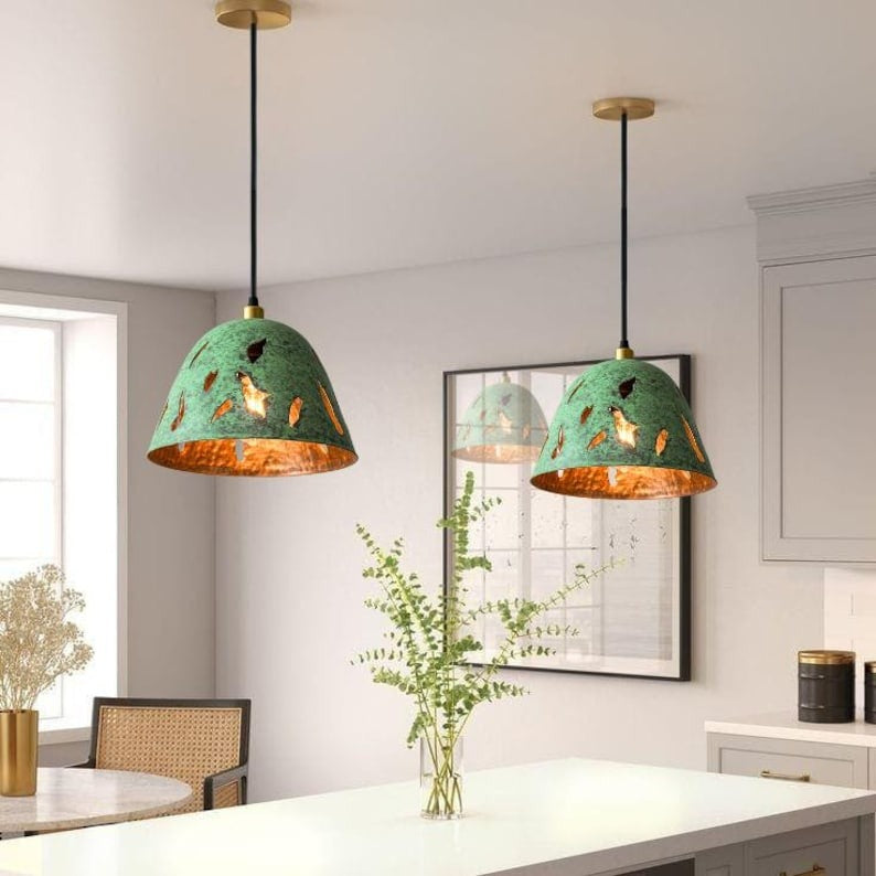 Handmade Green Patina Brass Pendant Light – Moroccan Cutout Dome Pendant Lamp with Warm Brass Interior for Kitchen Island, Entryway & Boho Home Décor