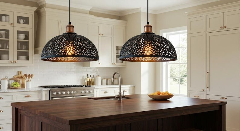Handmade Black Perforated Brass Pendant Light – Moroccan Dome Hanging Lamp with Floral Cutout Pattern & Warm Copper Interior for Kitchen Island, Dining Room & Boho Home Décor