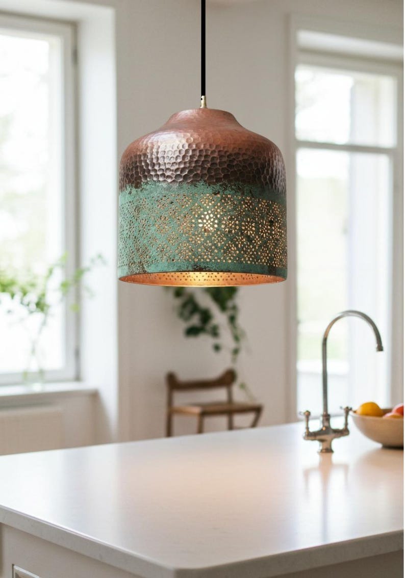 Hammered Brass Pendant Light with Verdigris Patina – Pierced Moroccan Cylinder Kitchen Island Lamp