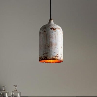 Distressed White Copper Cylinder Pendant Light, Handmade Moroccan Whitewashed Hanging Lamp, Rustic Copper Kitchen Island Chandelier, Boho Farmhouse Ceiling Light Fixture