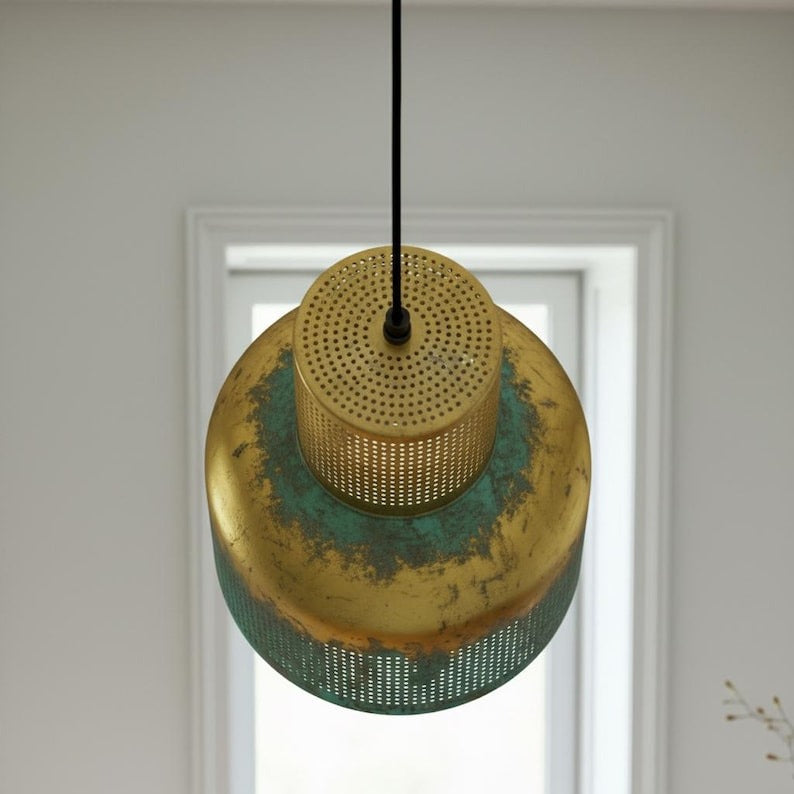 Verdigris Brass Cylinder Pendant Light – Perforated Gold & Green Kitchen Island Chandelier