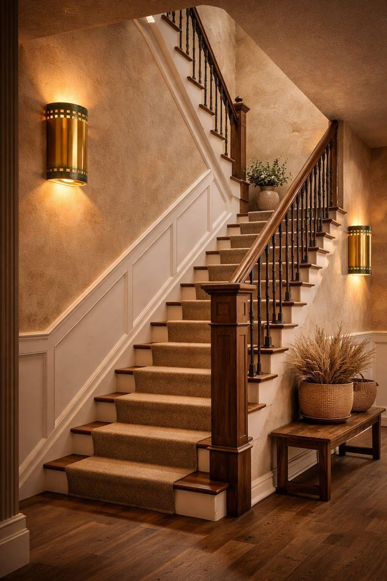 Verdigris Brass Cylinder Wall Sconce – Gold Moroccan Up & Down Light with Geometric Cutout Detail