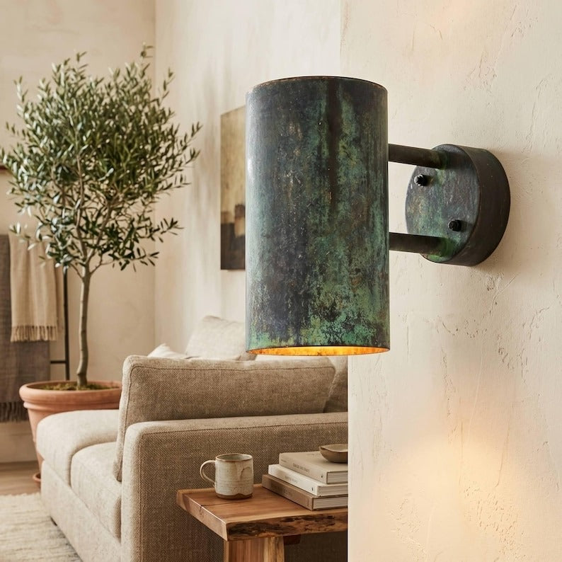 Handmade Moroccan Brass Cylinder Wall Sconce – Dark Green Verdigris Patina Up and Down Wall Light with Warm Gold Interior for Bedroom, Hallway, Entryway & Living Room