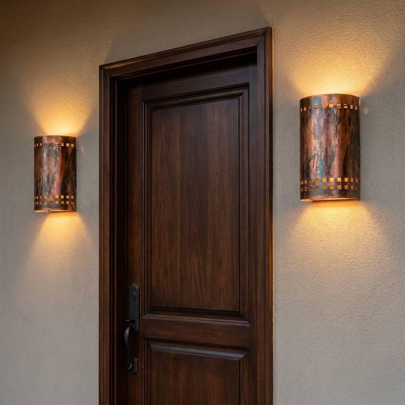 Handmade Moroccan Brass Cylinder Wall Sconce – Aged Copper Brass Wall Light with Geometric Square Cutouts, Rustic Up and Down Lamp for Hallway, Bedroom, Entryway & Living Room
