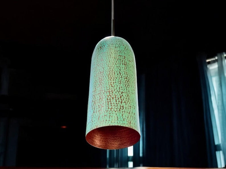 Handmade Moroccan Brass Pendant Light – Tall Capsule Ceiling Lamp with Mint Green Patina, Hammered Copper Interior & Modern Cylinder Design