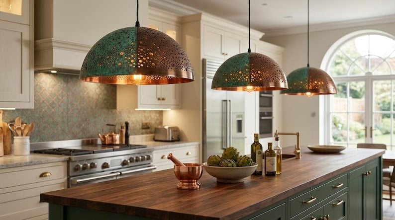 Handmade Moroccan Brass Pendant Light – Two-Tone Green Verdigris and Dark Bronze Pierced Dome Lamp with Warm Copper Interior