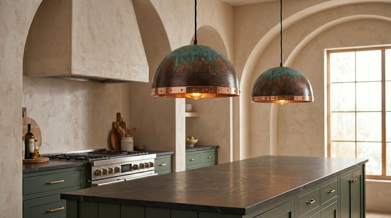 Handmade Brass Moroccan Dome Pendant Light – Dark Hammered Brass Hanging Lamp with Verdigris Patina & Polished Copper Riveted Band, Rustic Kitchen Island Ceiling Fixture