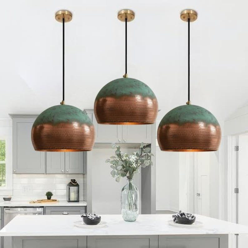 Handmade Brass Pendant Light – Moroccan Globe Hanging Lamp with Spiral Ribbed Design for Kitchen Island, Dining Room & Boho Home Décor