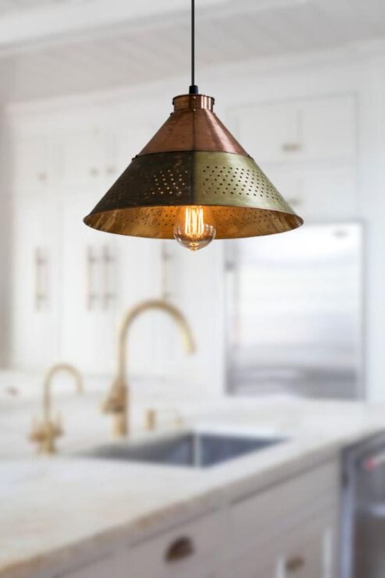 Handmade Brass Pendant Light – Moroccan Copper & Olive Green Cone Hanging Lamp with Perforated Band for Kitchen Island, Dining Room & Boho Home Décor