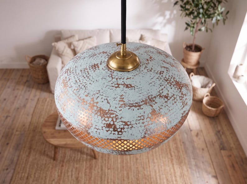 Distressed White & Copper Brass Dome Pendant Light – Moroccan Lattice Kitchen Island Chandelier