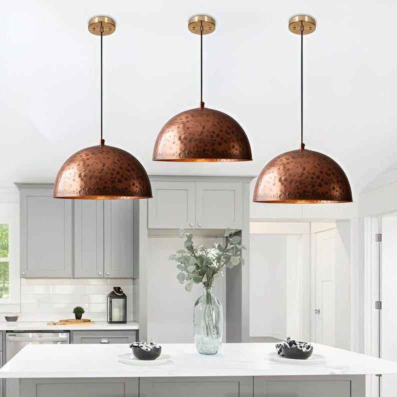 Handmade Hammered Brass Pendant Light – Moroccan Copper Dome Pendant Lamp with Distressed Patina Finish for Kitchen Island, Dining Room & Boho Home Décor