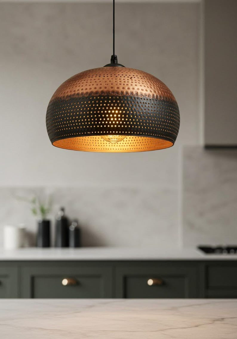 Perforated Brass Dome Pendant Light – Two-Tone Copper & Black Moroccan Kitchen Island Chandelier