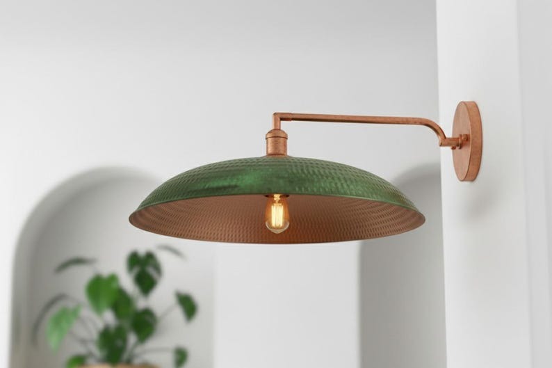Handmade Moroccan Brass Wall Sconce – Hammered Green Patina Dome Wall Light with Copper Brass Arm, Vintage Boho Swing-Arm Lamp for Kitchen, Dining Room, Bedroom & Hallway