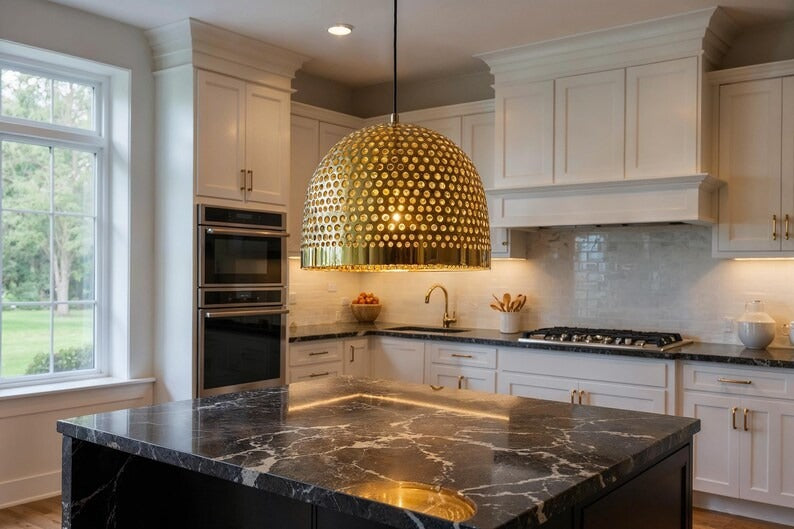 Large Perforated Brass Dome Pendant Light, Handmade Moroccan Pierced Gold Brass Kitchen Island Chandelier, Rustic Boho Farmhouse Hanging Ceiling Light Fixture