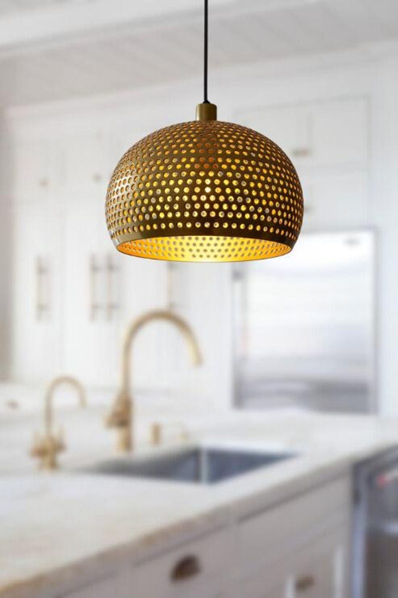 Handmade Perforated Brass Pendant Light – Moroccan Dome Hanging Lamp with Round Cutouts for Kitchen Island, Dining Room & Boho Home Décor