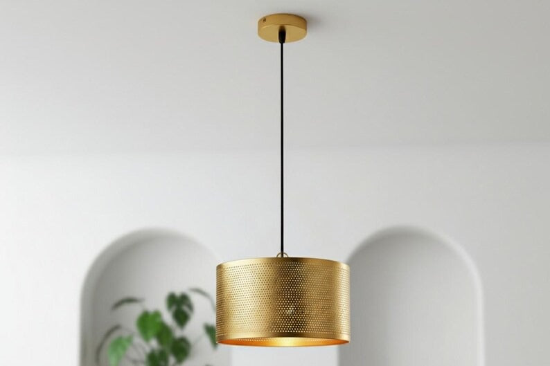 Handmade Moroccan Brass Drum Pendant Light – Perforated Gold Brass Cylinder Hanging Lamp, Modern Boho Ceiling Light for Kitchen Island, Dining Room, Bedroom & Living Room