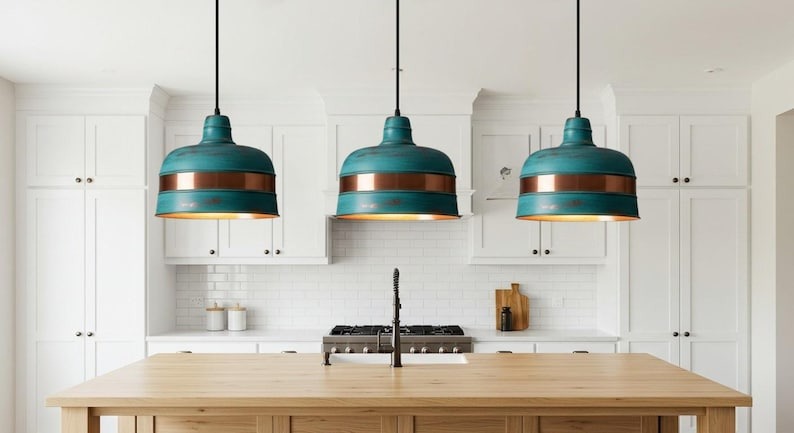 Verdigris Brass Drum Pendant Light – Copper Band Kitchen Island Chandelier with Turquoise Patina