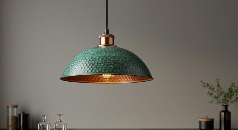 Handcrafted Hammered Green Copper Pendant Light – Rustic Farmhouse Hanging Ceiling Lamp, Vintage Industrial Kitchen Island Lighting, Modern Dome Pendant Fixture
