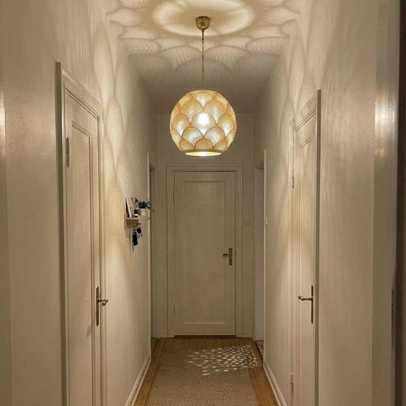 Moroccan Pierced Brass Globe Pendant Light, Handmade Scallop Pattern Hanging Lamp, Boho Arabic Shadow Chandelier, Gold Filigree Kitchen Ceiling Light Fixture