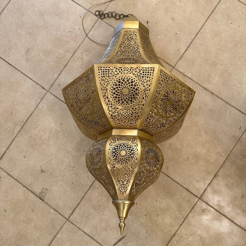Large Moroccan Brass Pierced Lantern Chandelier, Handmade Moorish Geometric Hanging Pendant Light, Luxury Gold Arabic Shadow Lamp, Boho Filigree Brass Ceiling Light Fixture