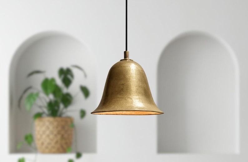 Handmade Moroccan Brass Bell Pendant Light – Antique Gold Brass Hanging Lamp with Flared Shade, Warm Boho Mediterranean Ceiling Light for Kitchen Island, Dining Room, Bedroom & Entryway