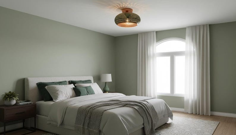 Handmade Moroccan Brass Flush Mount Ceiling Light – Green Verdigris Pierced Dome Fixture with Warm Copper Interior