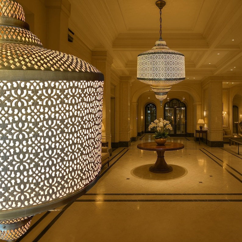 Handmade Moroccan Brass Pendant Light – Large Pierced Moorish Lantern with Geometric Arabesque Cutouts, Antique Gold Ceiling Light for Dining Room, Entryway & Living Room
