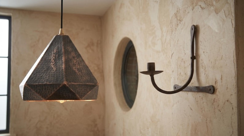 Set of 3 Handmade Moroccan Brass Pendant Lights – Geometric Faceted Dark Copper Ceiling Lamps, Hammered Diamond Kitchen Island Lighting