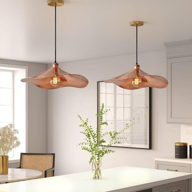 Handmade Hammered Brass Pendant Light – Moroccan Copper Wave Saucer Hanging Lamp for Kitchen Island, Dining Room & Modern Boho Home Décor