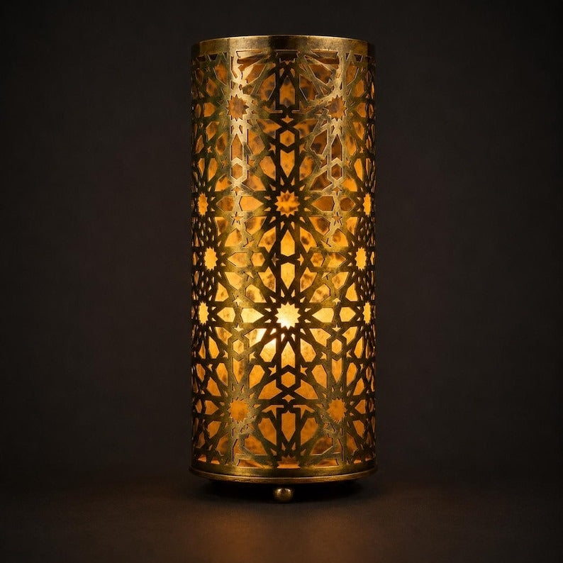 Handmade Moroccan Brass Cylinder Table Lamp – Pierced Geometric Star Lantern with Warm Gold Glow and Dramatic Moorish Shadow Patterns for Bedroom, Living Room & Entryway