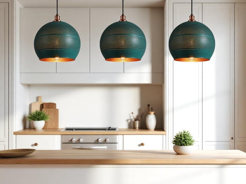 Handmade Moroccan Brass Pendant Light – Green Patina Pierced Globe Ceiling Lamp with Copper Interior, Kitchen Island & Dining Room Lighting