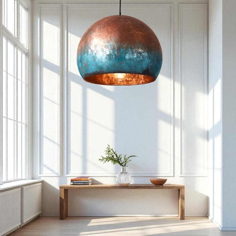 Handmade Moroccan Brass Pendant Light – Copper & Turquoise Verdigris Patina Globe Ceiling Lamp with Warm Brass Interior, Kitchen Island & Dining Room Lighting