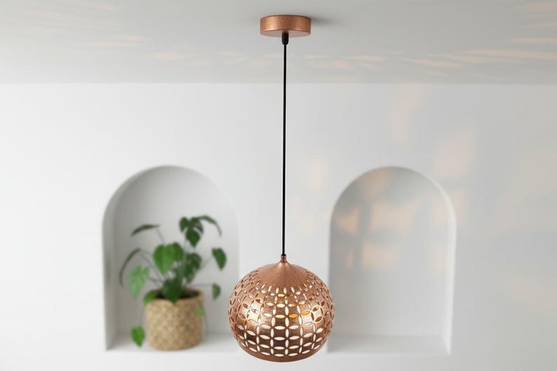 Handmade Moroccan Brass Pendant Light – Pierced Copper Brass Globe Hanging Lamp with Floral Cutout Pattern, Boho Mediterranean Ceiling Light for Kitchen Island, Dining Room, Bedroom & Entryway