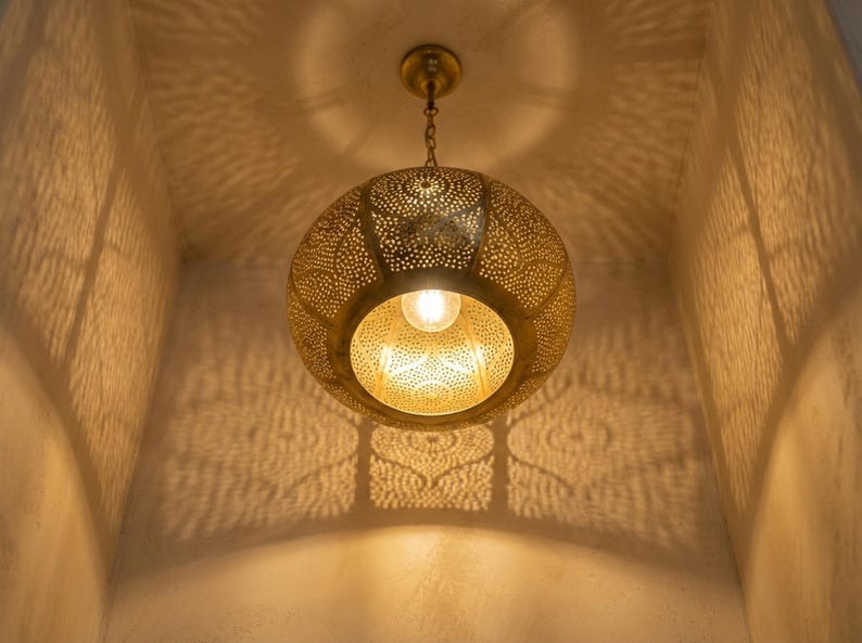 Moroccan Pierced Brass Globe Pendant Light – Filigree Hallway Chandelier with Geometric Shadow Pattern
