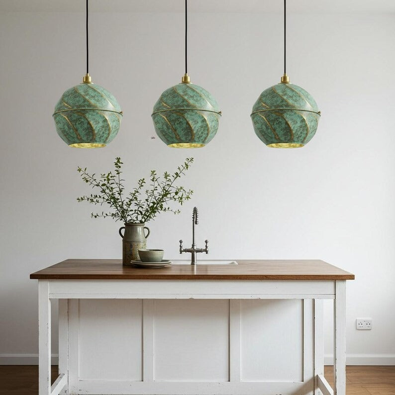 Verdigris Brass Globe Pendant Light – Spiral Gold Accent Kitchen Island Chandelier with Green Patina