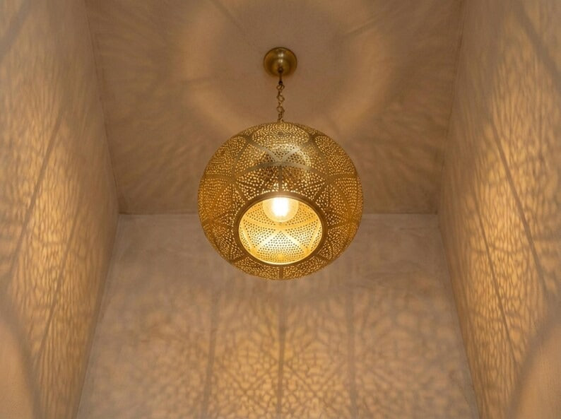 Large Moroccan Pierced Brass Globe Pendant Light – Geometric Filigree Chandelier with Dramatic Shadow Pattern