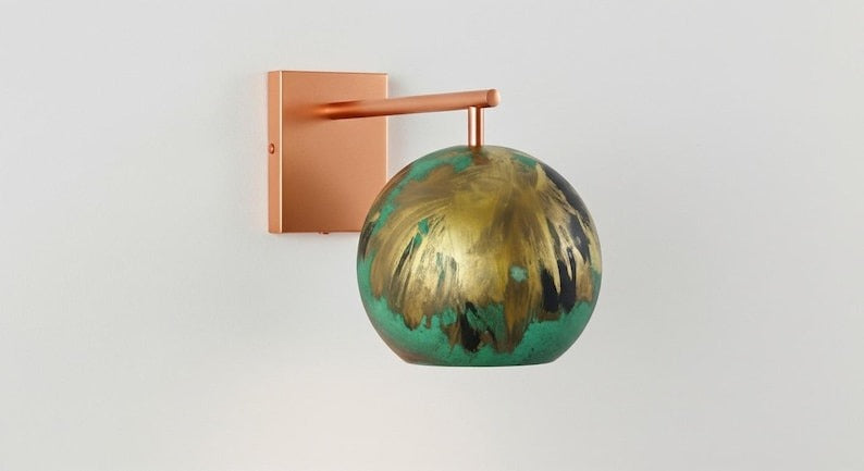 Handmade Moroccan Brass Globe Wall Sconce – Turquoise Green Patina and Antique Gold Brass Wall Light with Copper Arm, Boho Mediterranean Lamp for Bedroom, Hallway, Bathroom & Entryway