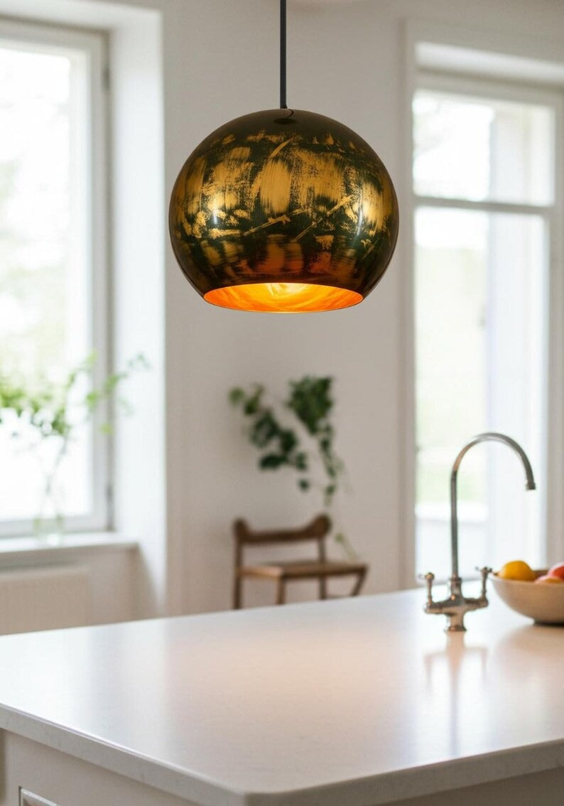 Black and Gold Brass Globe Pendant Light – Hand-Finished Orb Kitchen Island Chandelier