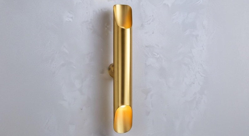 Handmade Moroccan Brass Wall Sconce – Tall Gold Brass Tube Wall Light with Sculptural Cutout Ends, Modern Up and Down Lamp for Bedroom, Hallway, Entryway & Living Room