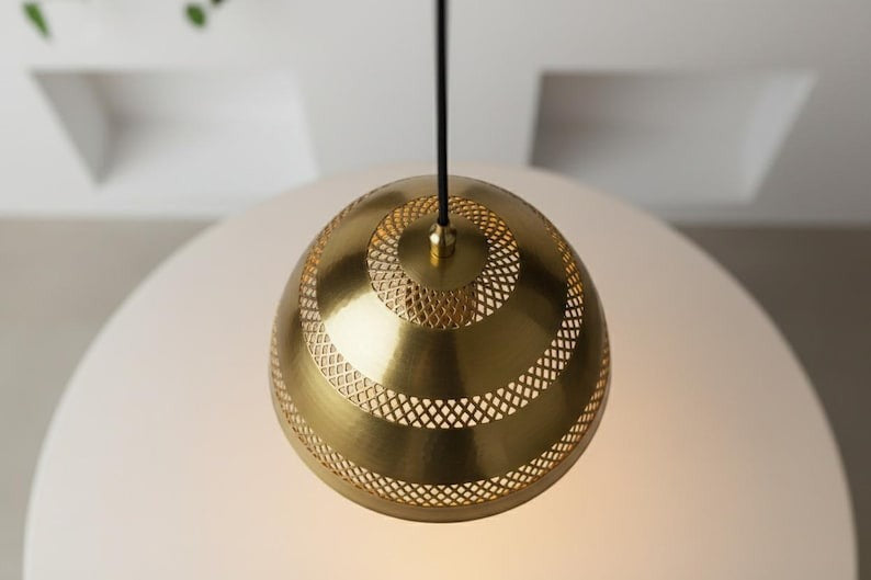 Handmade Moroccan Brass Dome Pendant Light – Polished Gold Brass Hanging Lamp with Pierced Lattice Bands, Boho Mediterranean Ceiling Light for Kitchen Island, Dining Room, Bedroom & Entryway