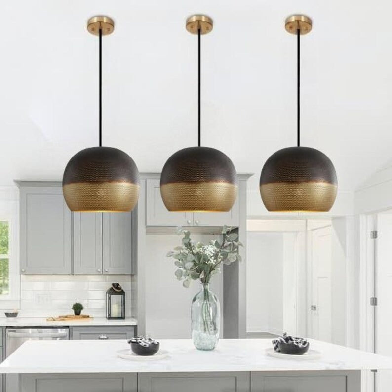 Handmade Two Tone Brass Pendant Light – Moroccan Gray & Gold Perforated Dome Hanging Lamp for Kitchen Island, Dining Room & Modern Boho Home Décor