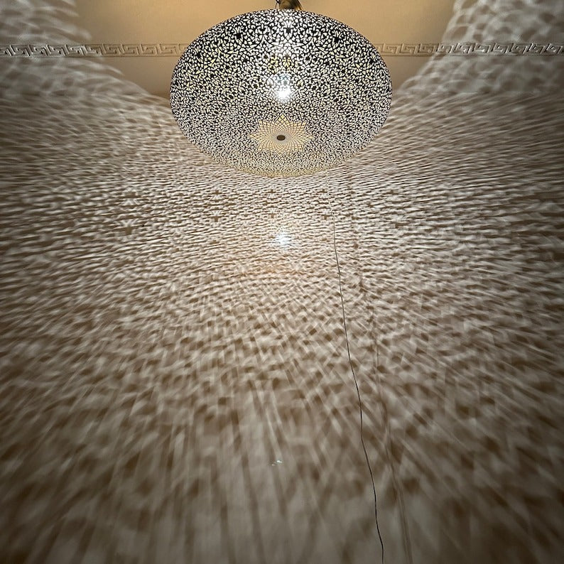 Large Moroccan Black and Gold Pierced Dome Pendant Light, Handmade Moorish Filigree Chandelier, Boho Arabic Shadow Lamp, Luxury Ceiling Light Fixture