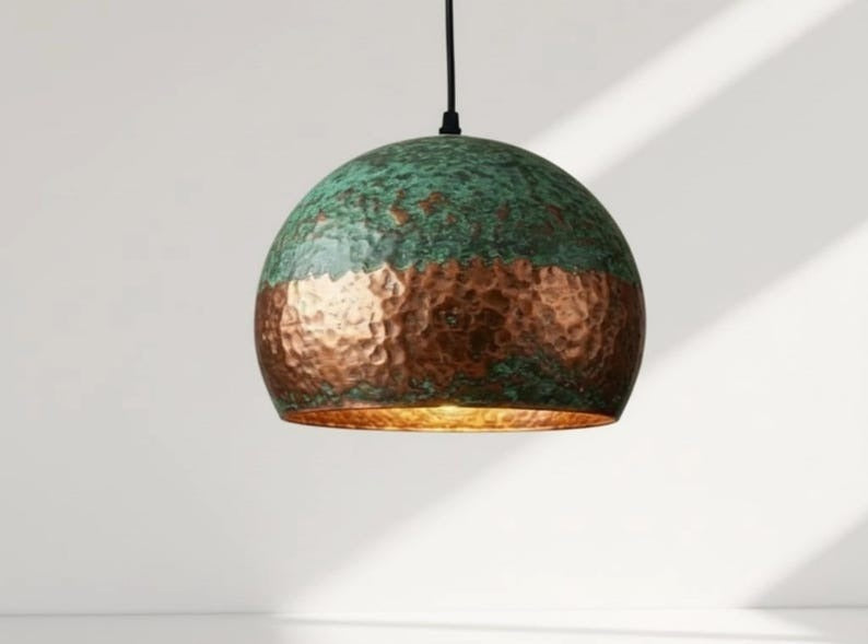 Handmade Hammered Brass Pendant Light with Green Patina – Moroccan Dome Hanging Lamp for Kitchen Island, Dining Room, Living Room & Boho Home Decor