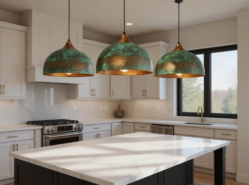 Green Patina Hammered Copper Dome Pendant Light, Handmade Moroccan Verdigris Copper Kitchen Island Chandelier, Rustic Boho Farmhouse Hanging Ceiling Light Fixture