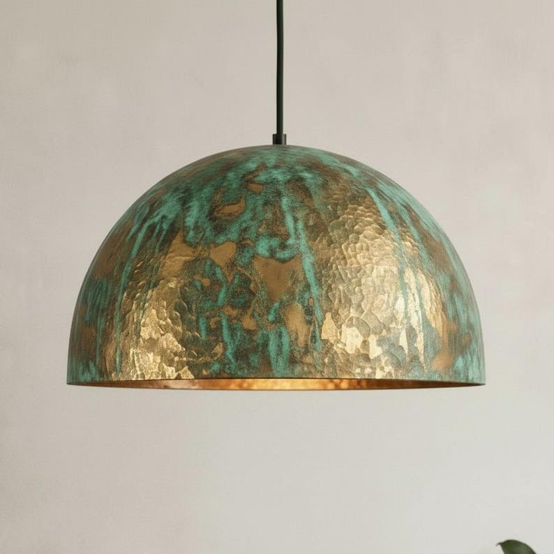Set of 3 Handmade Moroccan Brass Pendant Lights – Green Verdigris Patina Hammered Dome Ceiling Lamps, Kitchen Island & Dining Room Lighting