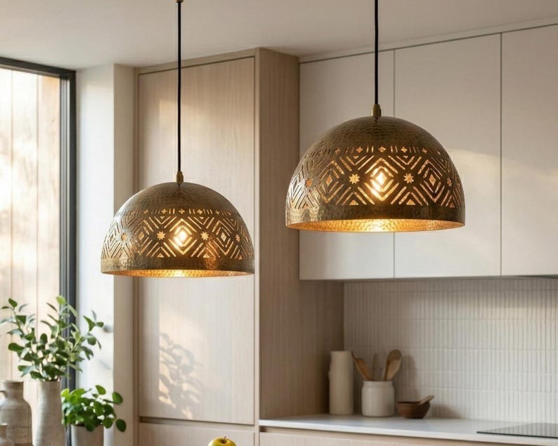 Handmade Moroccan Brass Dome Pendant Light – Hammered Antique Brass Hanging Lamp with Geometric Star Cutouts, Boho Moorish Ceiling Light for Kitchen Island, Dining Room & Living Room