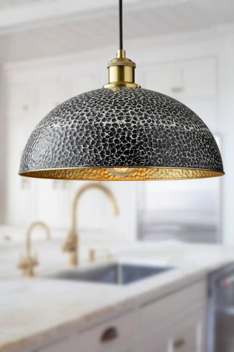 Handmade Black & White Hammered Brass Pendant Light – Moroccan Wide Dome Hanging Lamp with Gold Brass Interior for Kitchen Island, Dining Room & Boho Home Décor