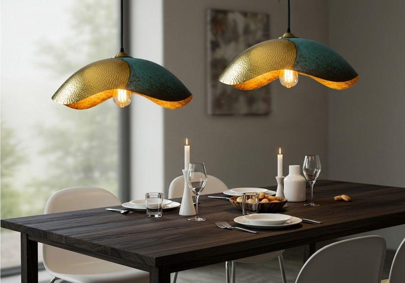 Two-Tone Brass and Green Patina Wavy Pendant Light, Handmade Moroccan Sculptural Hanging Lamp, Verdigris Kitchen Island Chandelier, Rustic Boho Farmhouse Ceiling Light Fixture