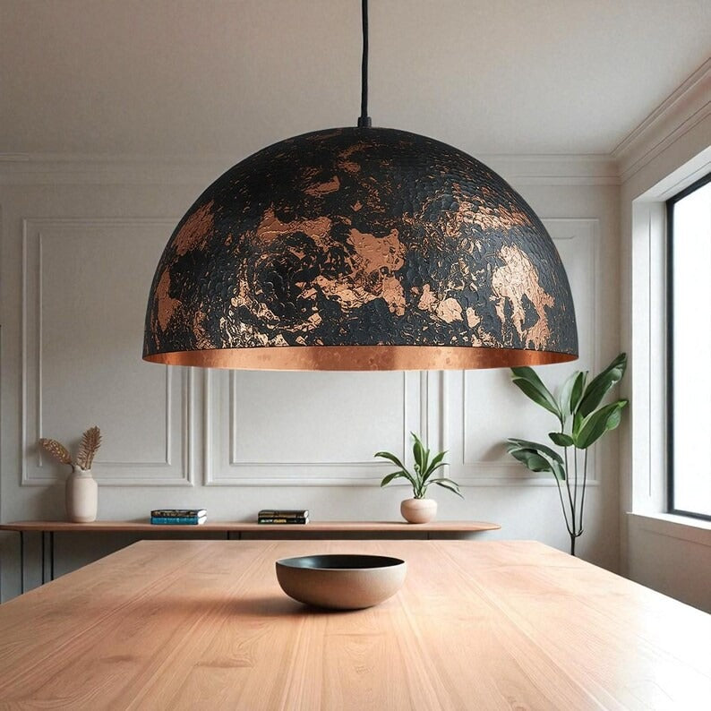 Handmade Brass Dome Pendant Light – Black & Copper Moroccan Ceiling Lamp, Hammered Brass Kitchen Island Pendant, Rustic Modern Dining Room Light Fixture