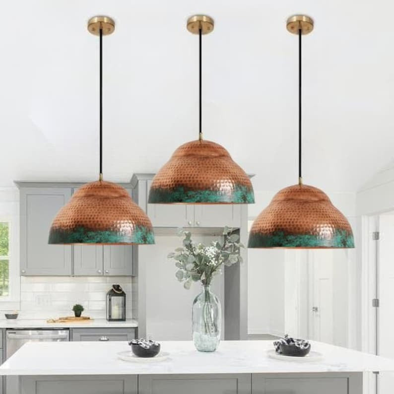 Handmade Hammered Brass Pendant Light – Moroccan Copper Dome Pendant Lamp with Green Patina Edge for Kitchen Island, Dining Room & Boho Home Décor